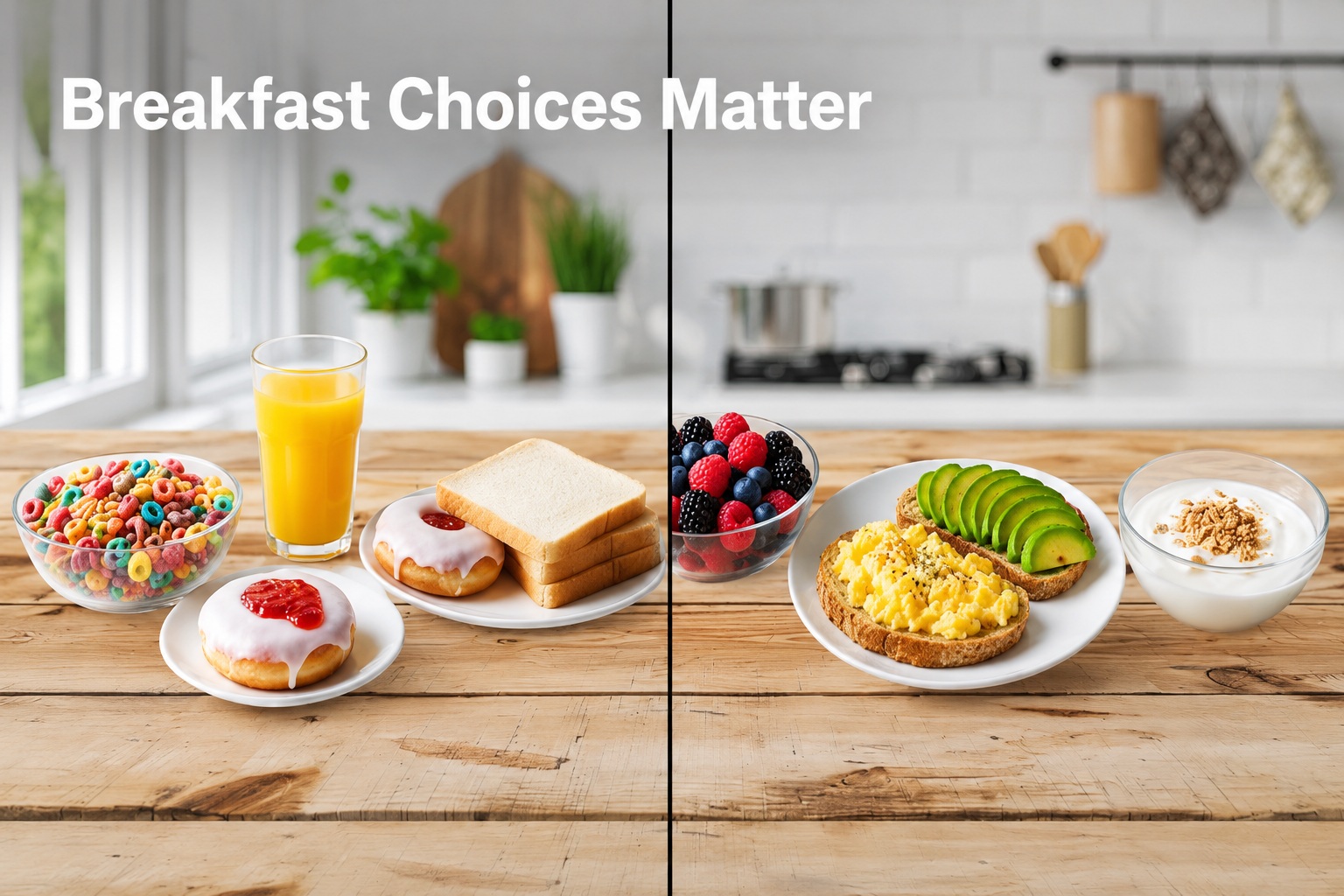 Article-27-Breakfast-choices-matter-2 Side-by-side breakfast comparison showing sugary cereal, juice, white bread and pastries alongside berries, eggs, avocado toast and yogurt, illustrating how breakfast choices can affect blood sugar.