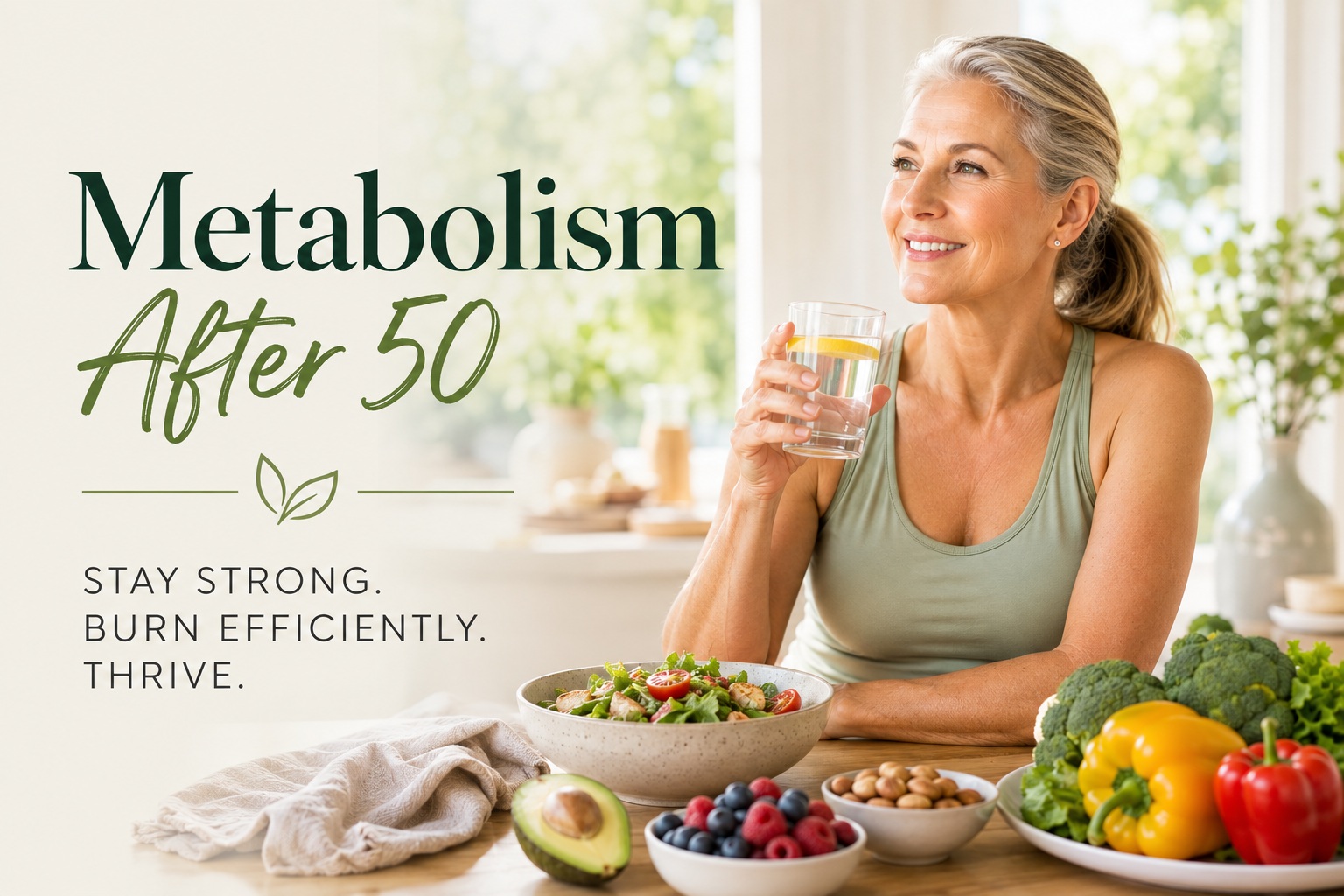 Smiling woman over 50 enjoying a healthy lifestyle with fresh vegetables, berries, avocado and a balanced meal, illustrating ways to support metabolism after 50.