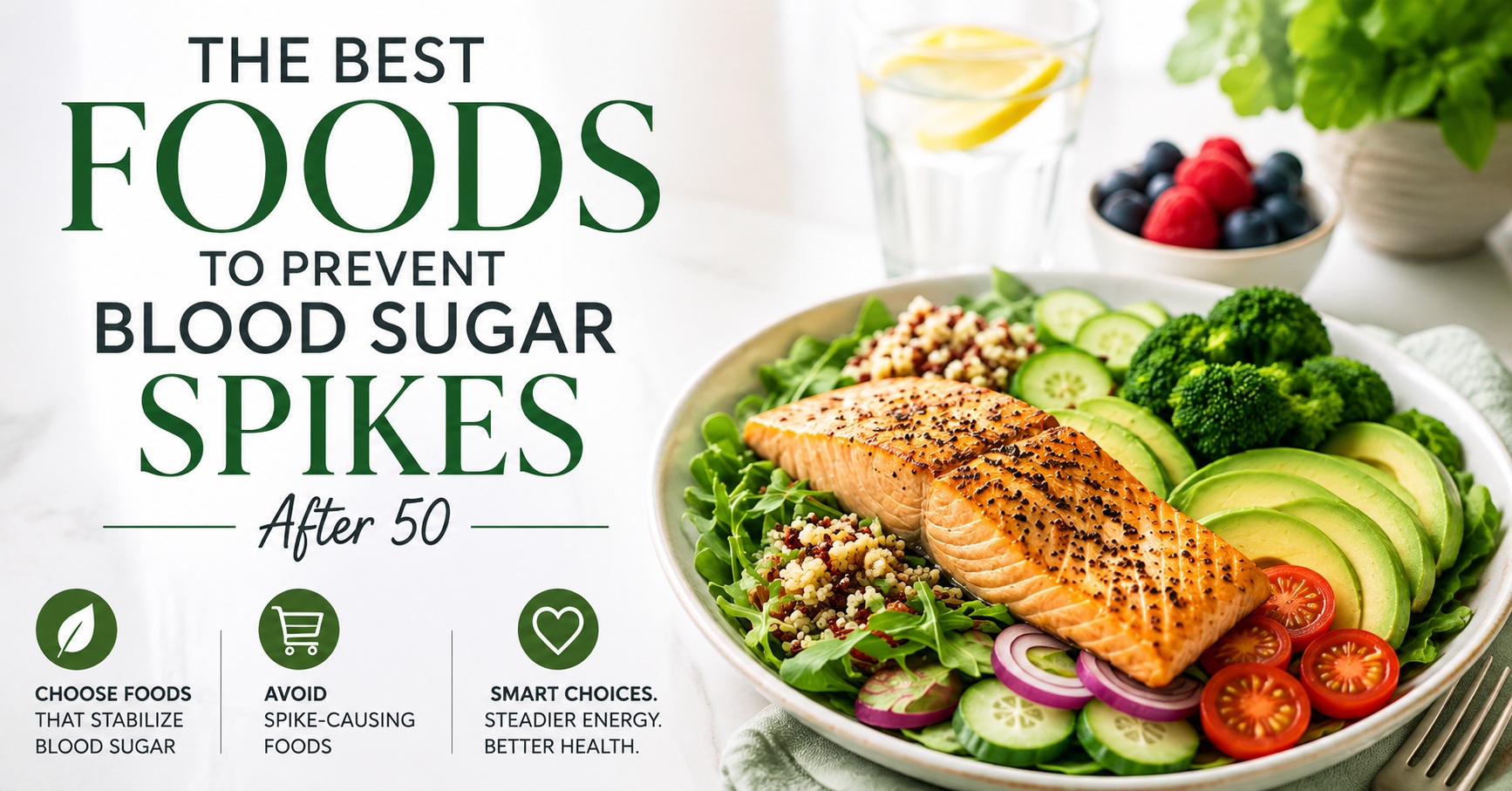 Featured image showing a balanced meal with salmon, avocado, broccoli, vegetables, and whole grains, with the text “The Best Foods to Prevent Blood Sugar Spikes After 50.”