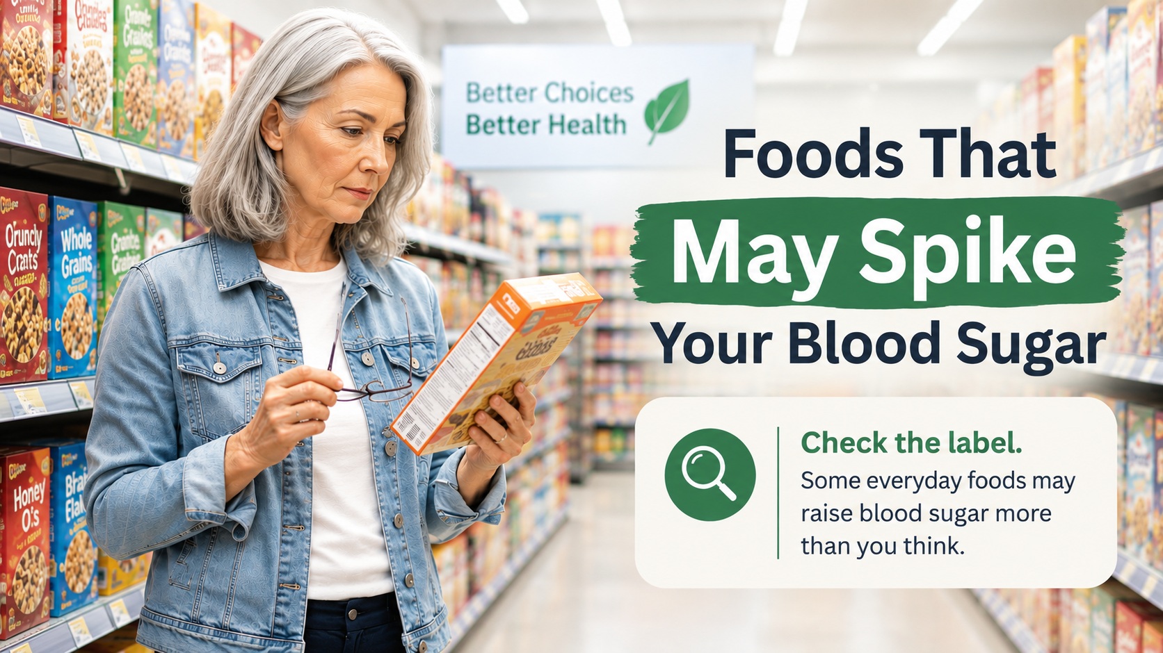 Older woman reading a food label in a supermarket, with text highlighting foods that may spike blood sugar and encouraging shoppers to check labels.