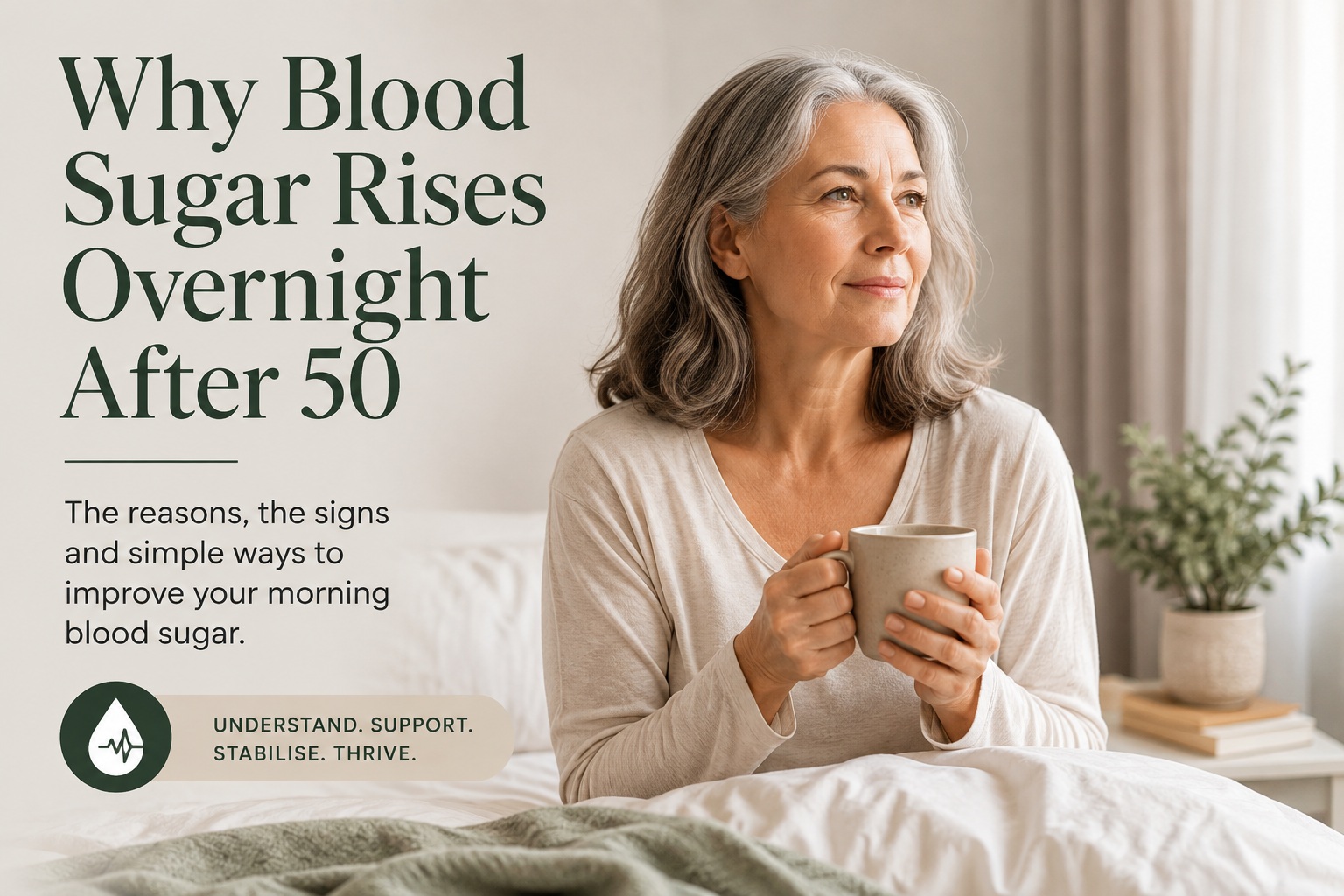 Older woman sitting in a softly lit bedroom holding a warm drink, illustrating why blood sugar can rise overnight after 50 and ways to support healthier morning blood sugar.
