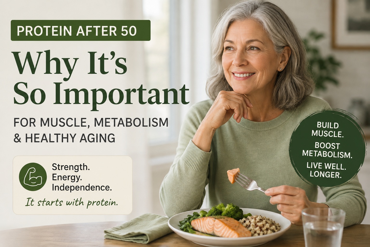 Smiling older woman enjoying a protein-rich meal of salmon, vegetables, and grains, with text highlighting the importance of protein after 50 for muscle, metabolism, and healthy aging.