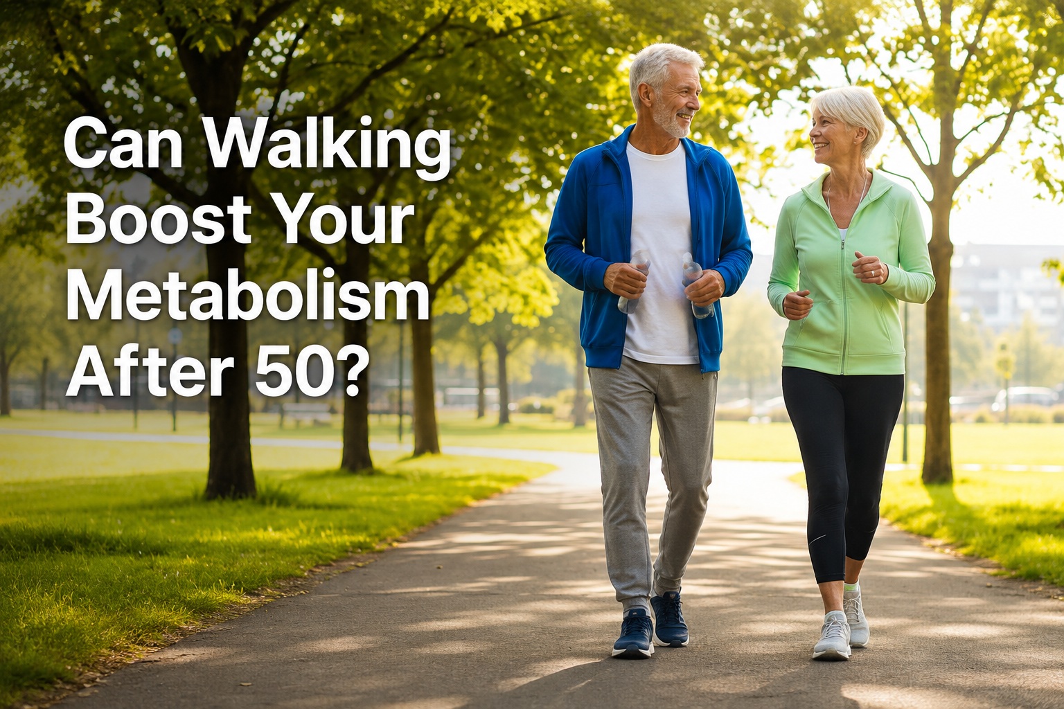 Older couple walking together on a sunny park path, illustrating how regular walking can support metabolism and metabolic health after 50.