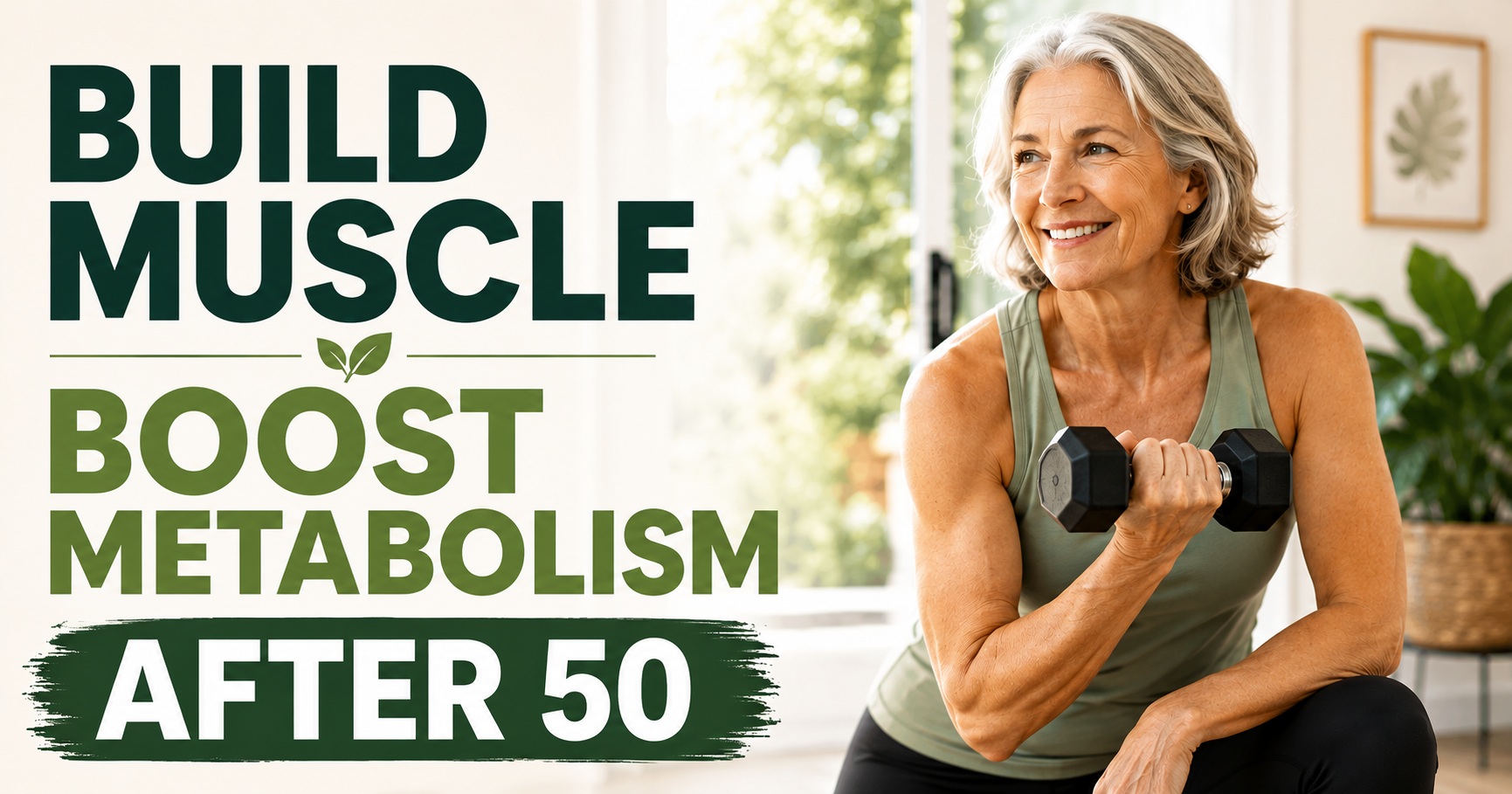 Mature woman doing strength training at home with dumbbells, illustrating how building muscle can support metabolism and healthy aging after 50.