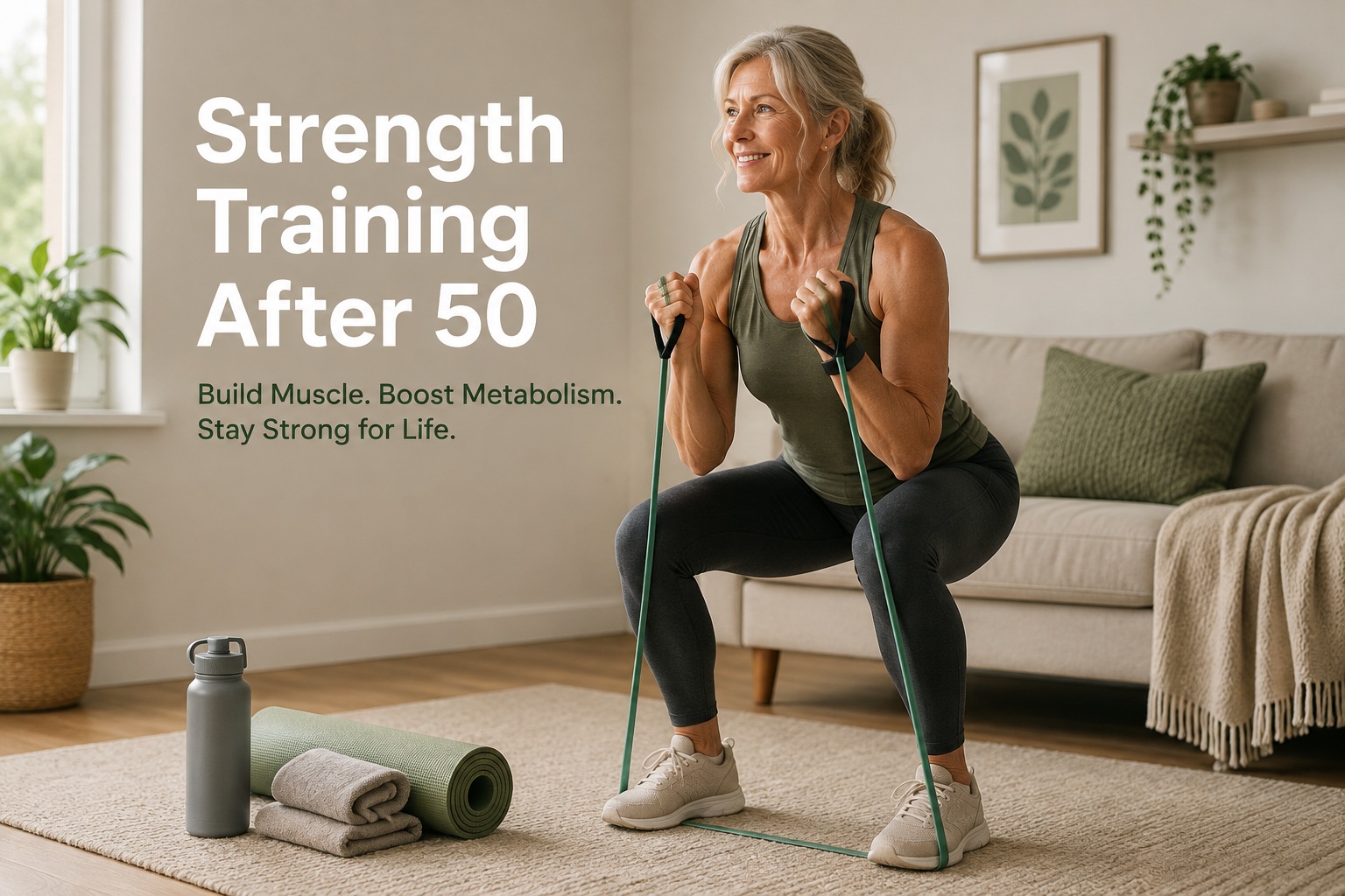 Article-33-Strength-training-after-50-1 Mature woman doing resistance-band strength training at home to support muscle, metabolism, and healthy aging after 50.