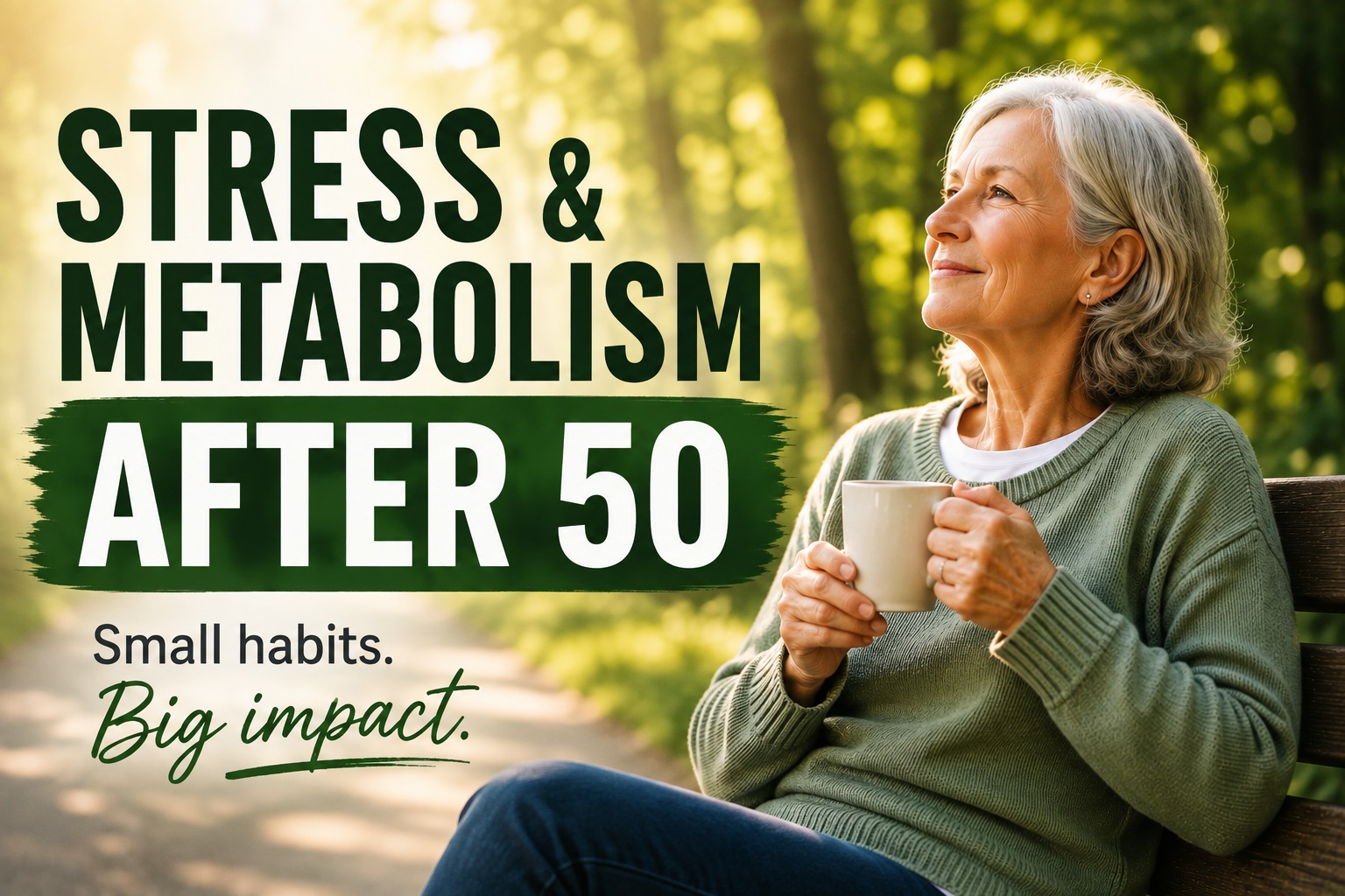 Older woman relaxing with a warm drink on a sunlit park bench, illustrating how small daily habits can help manage stress and support metabolic health after 50.