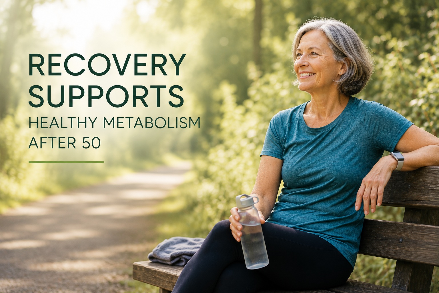 Active woman over 50 resting on a park bench with a water bottle, illustrating how recovery supports healthy metabolism after 50.