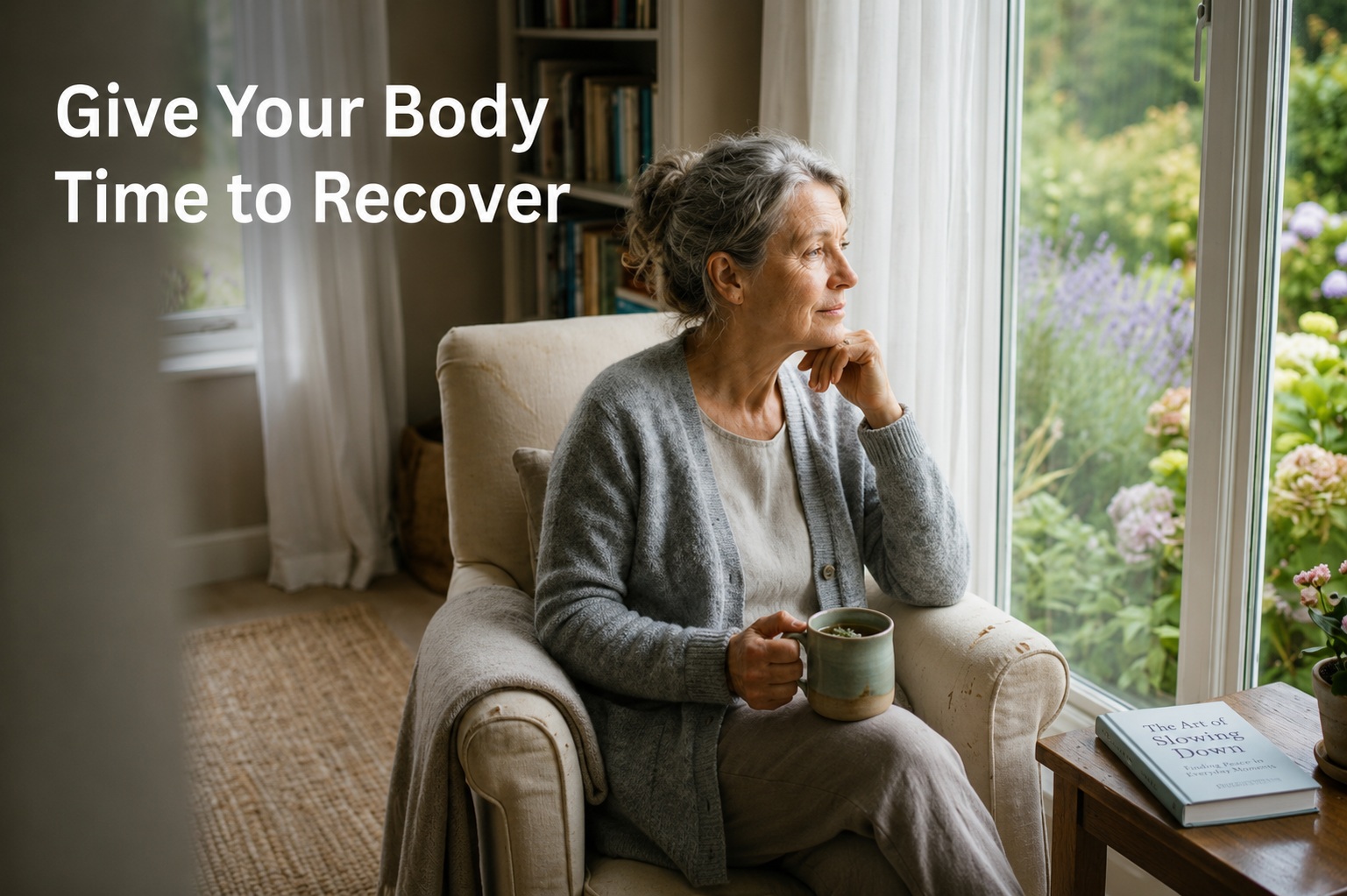 Older woman relaxing with a warm drink by a sunny window, illustrating the importance of giving the body time to recover after exercise.