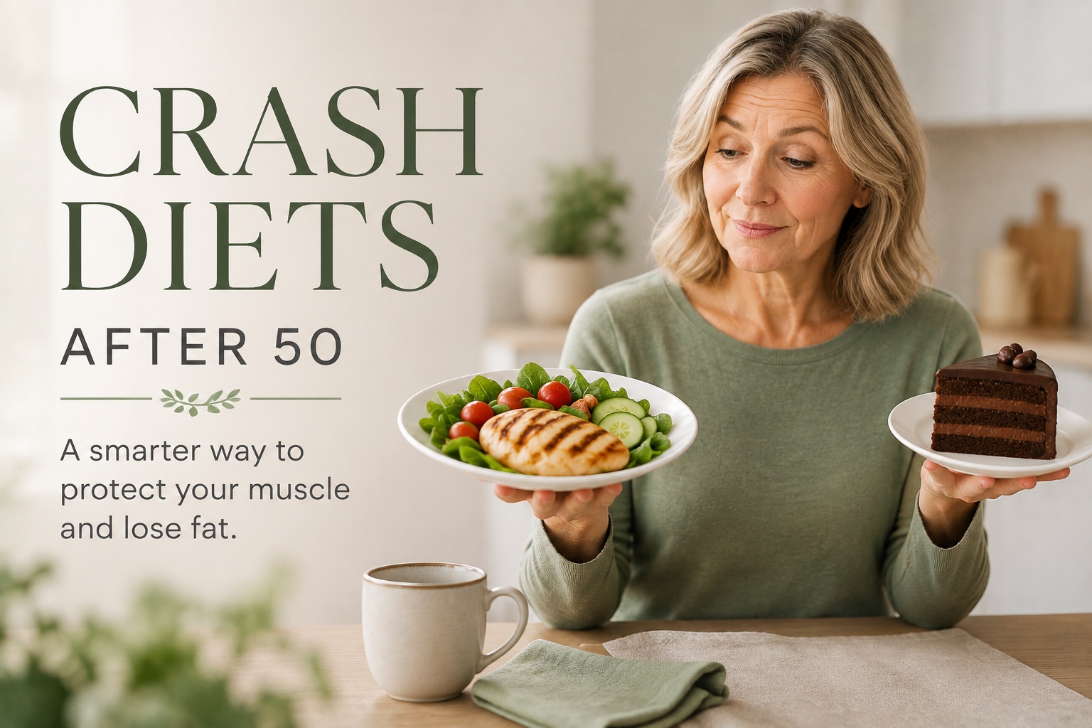 Woman over 50 choosing between a healthy protein-rich meal and cake, illustrating why crash diets can slow metabolism and the importance of preserving muscle during weight loss.