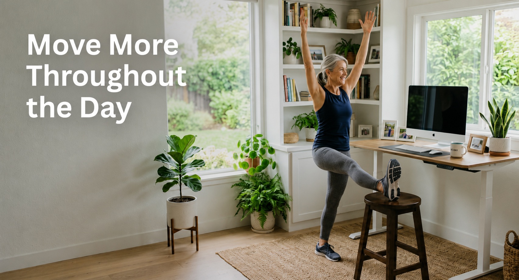 Article-38-Move-more-throughout-the-day-2 Older woman stretching beside a standing desk in a bright home office, illustrating simple ways to move more throughout the day after 50.