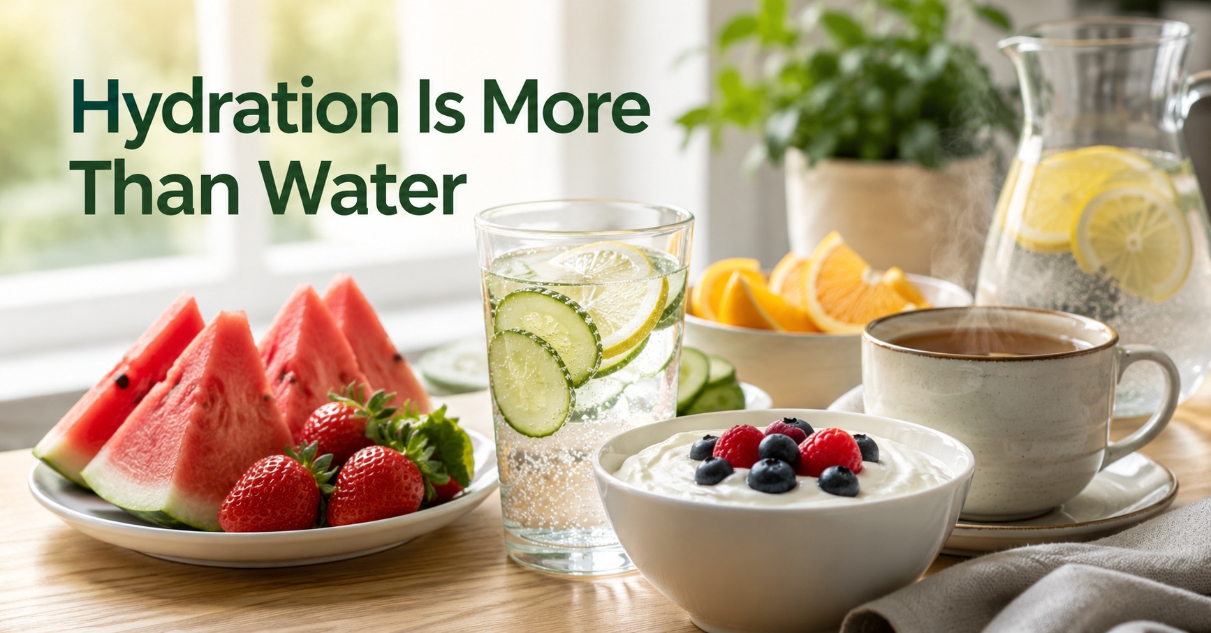 Water-rich foods and drinks including watermelon, strawberries, yogurt, cucumber water, tea, oranges, and lemon water, illustrating that hydration comes from more than plain water.