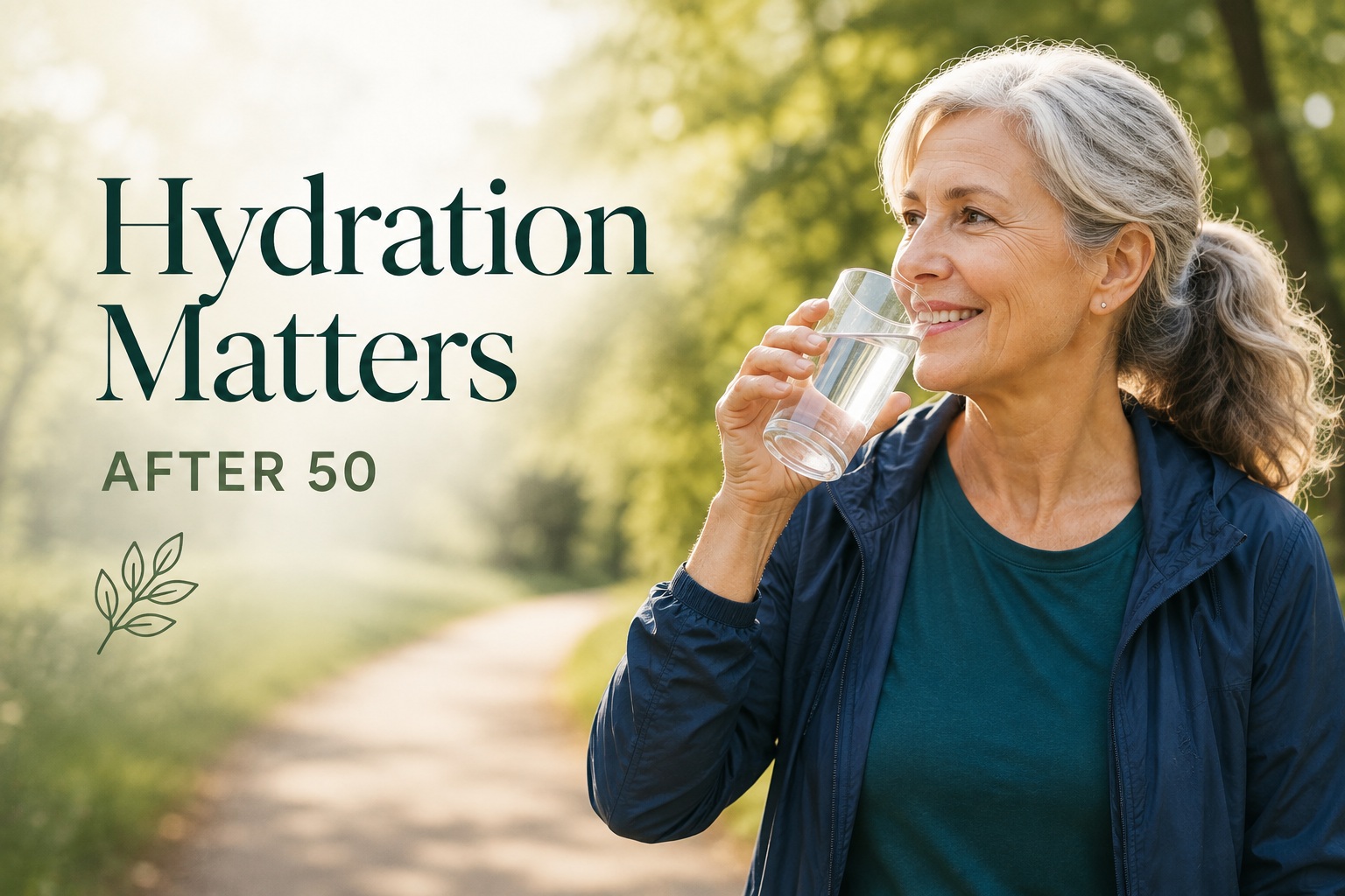Older woman enjoying a glass of water in a bright, peaceful setting, representing healthy hydration habits and metabolism after 50.