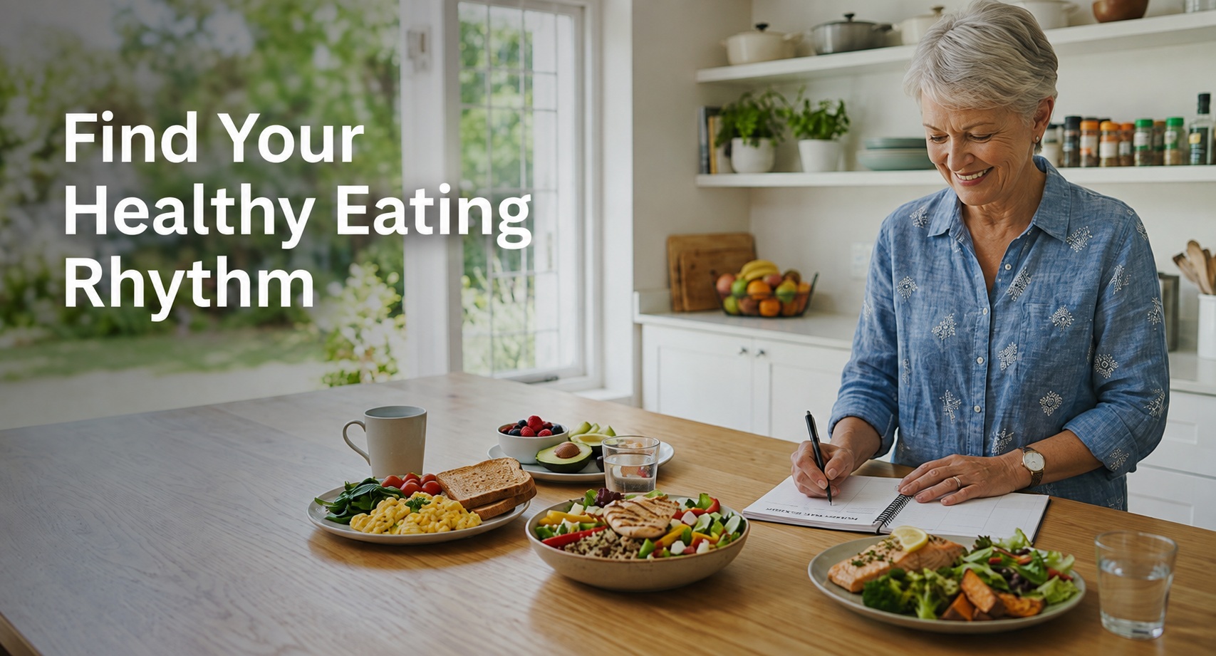 Older woman planning healthy meals at a kitchen table with eggs, vegetables, berries, avocado, chicken and salmon, illustrating a healthy eating rhythm and balanced meal timing after 50.