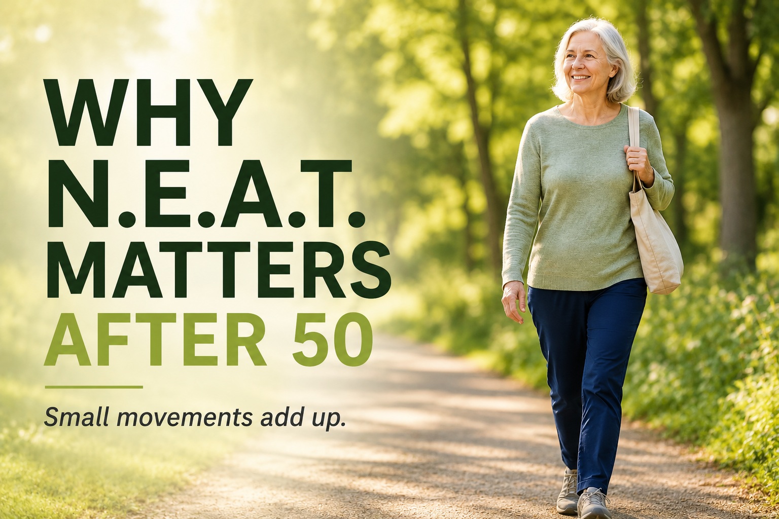 Older woman walking along a sunlit park path, illustrating why N.E.A.T. matters after 50 and how small everyday movements can add up.