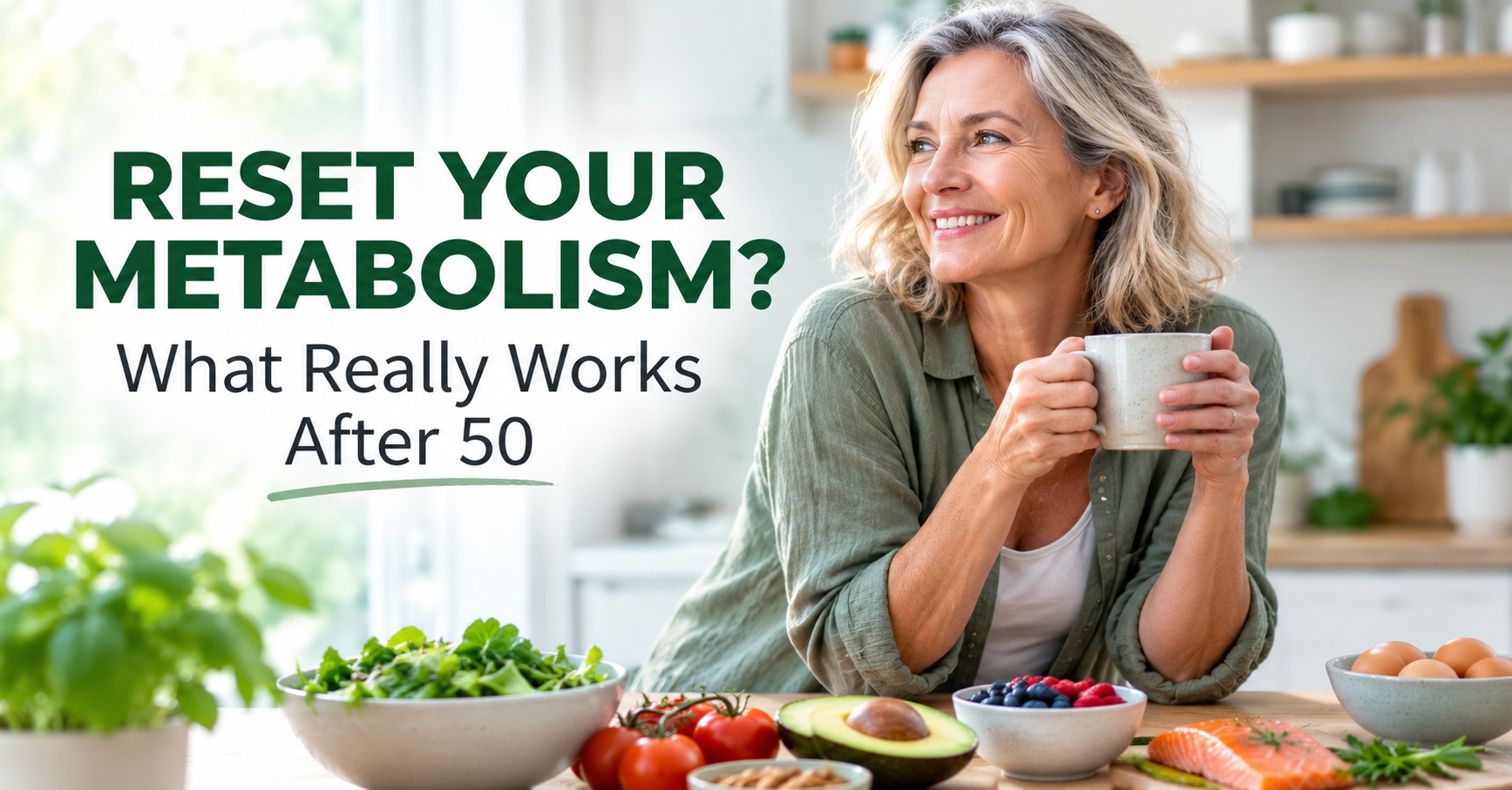 Woman over 50 in a bright kitchen with healthy foods, illustrating practical ways to support metabolism after 50.