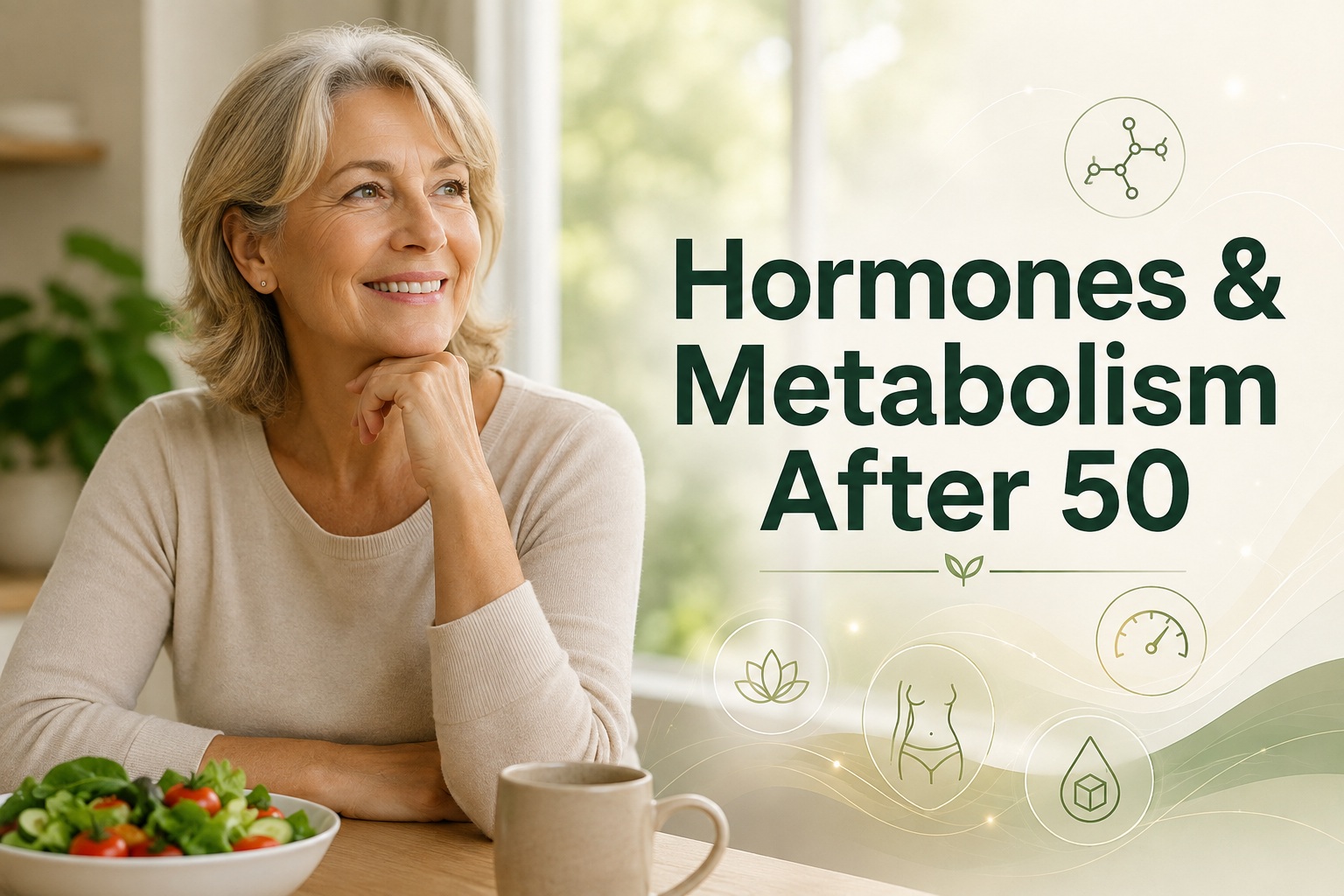 Woman over 50 sitting at a table with a healthy meal, illustrating the connection between hormones, metabolism, and healthy aging after 50.
