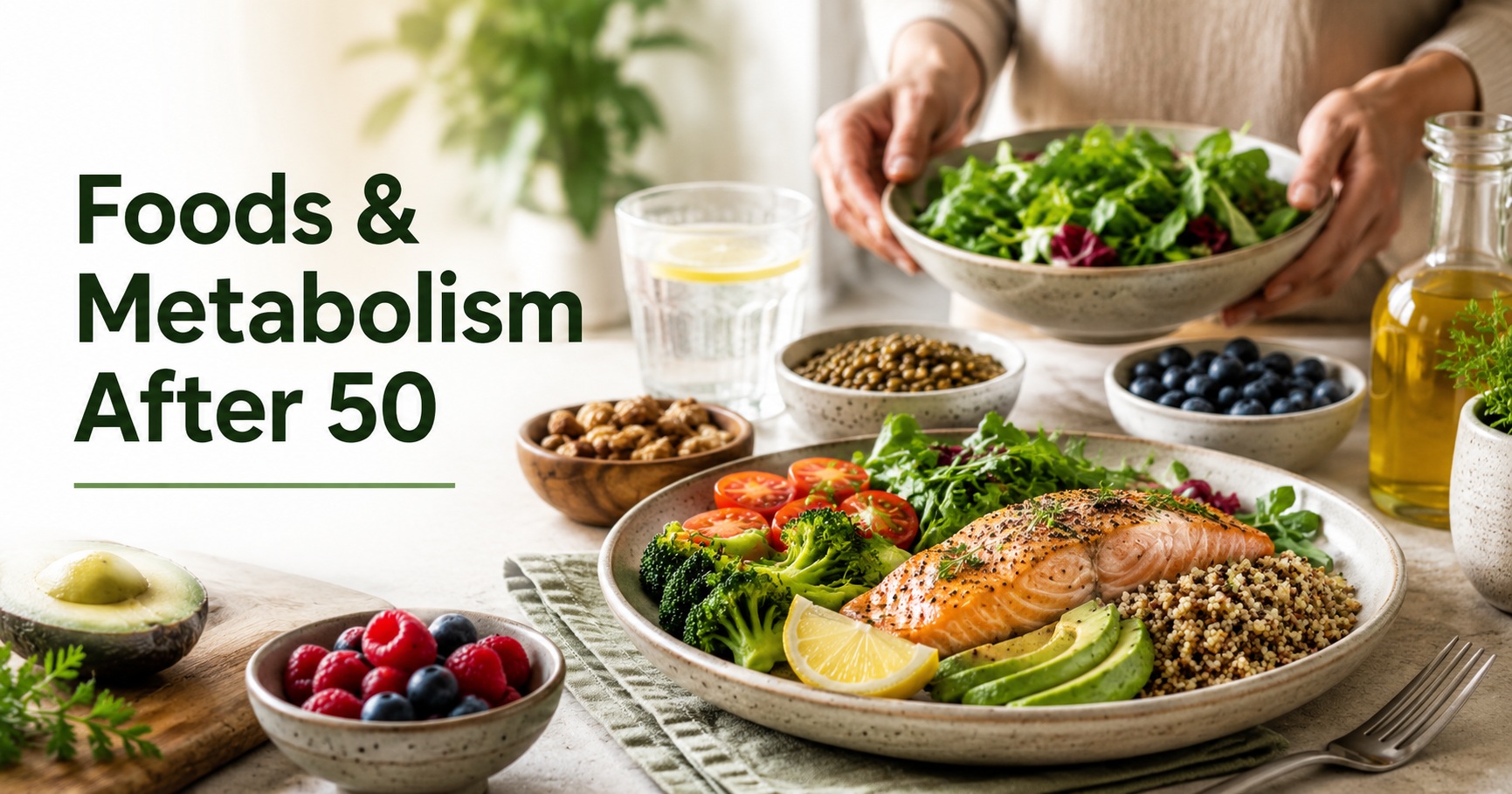 Healthy Mediterranean-style meal with salmon, whole grains, vegetables, avocado, berries, nuts and lentils, with the text “Foods & Metabolism After 50.”