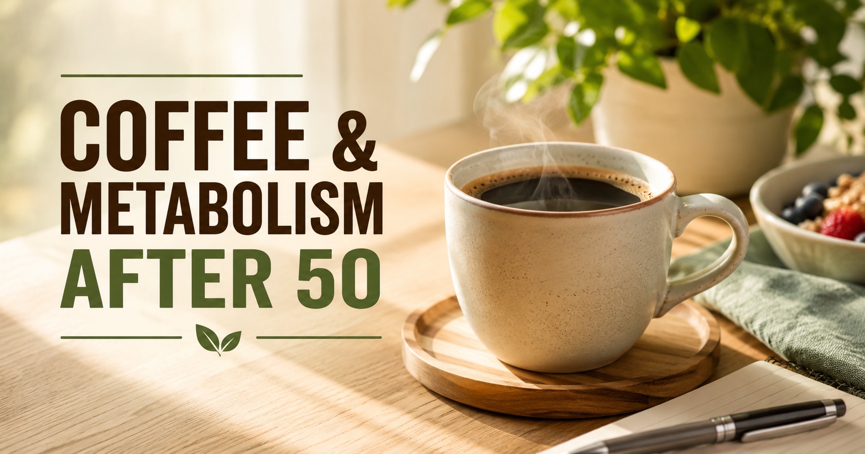 Steaming cup of coffee on a sunlit breakfast table with the text “Coffee & Metabolism After 50.”