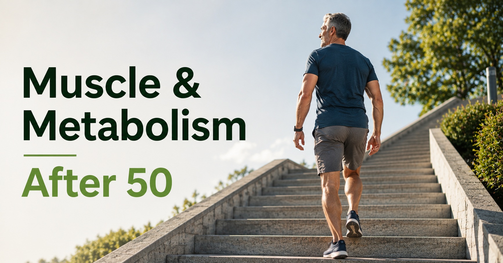 Mature man walking confidently up broad outdoor steps, representing strength, physical capability, healthy aging, and the benefits of maintaining muscle and metabolism after 50.