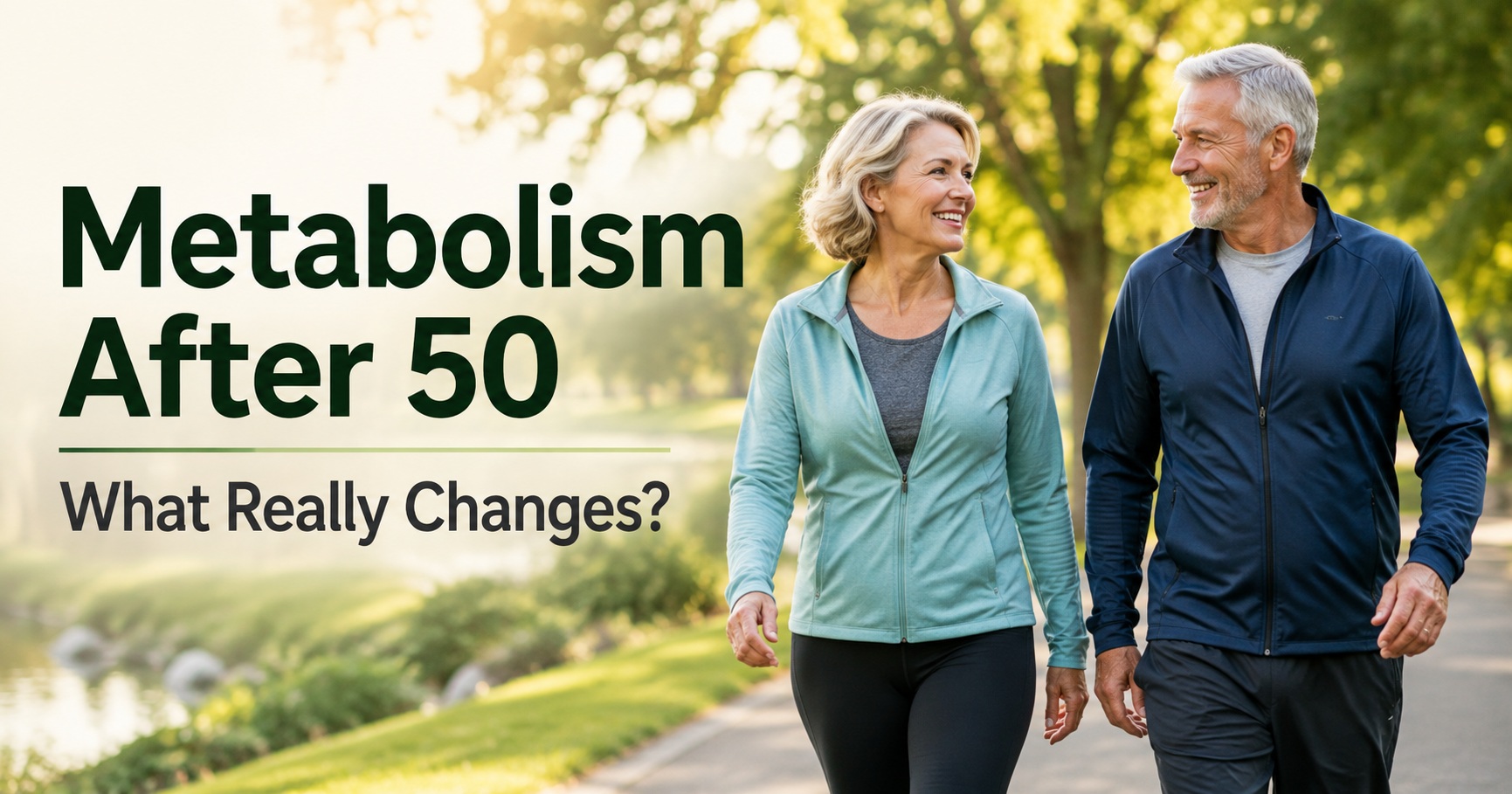 Older couple walking together on a sunny park path, representing an active lifestyle and healthy metabolism after 50.