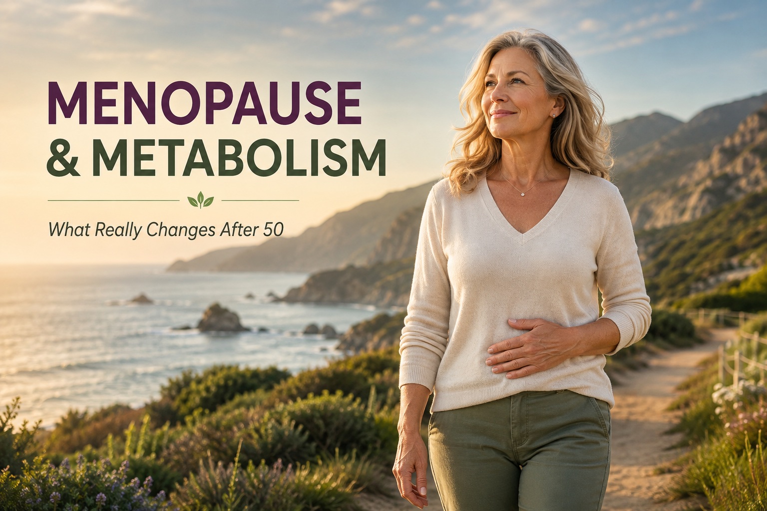 Mature woman resting one hand on her abdomen against a scenic coastal landscape, illustrating menopause and metabolism changes after 50.
