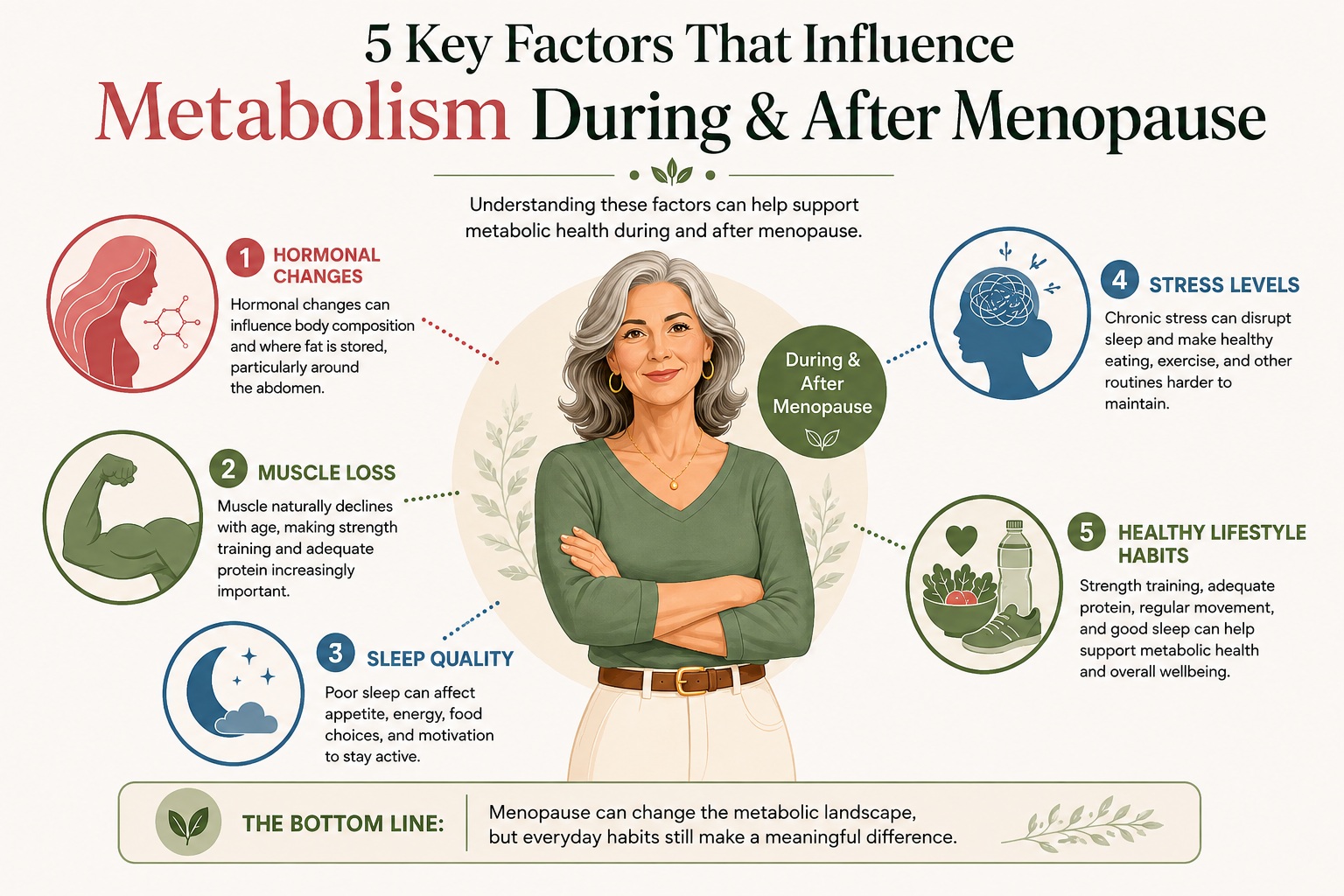 Infographic showing five key factors that influence metabolism during and after menopause: hormonal changes, muscle loss, sleep quality, stress levels, and healthy lifestyle habits including strength training, adequate protein, regular movement, and good sleep.