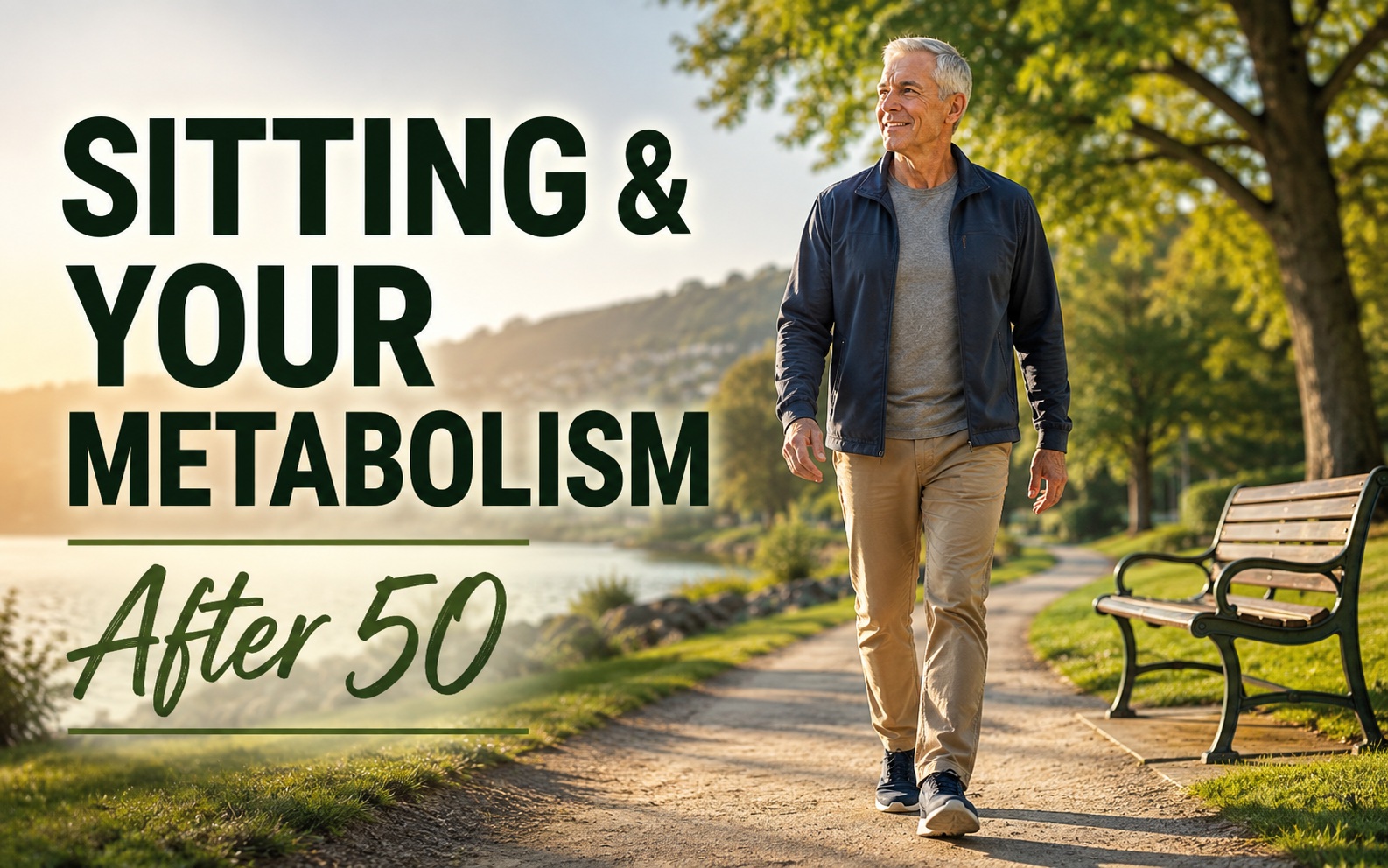 Mature man walking away from a park bench along a sunny lakeside path, illustrating how regular movement can support metabolism after 50.