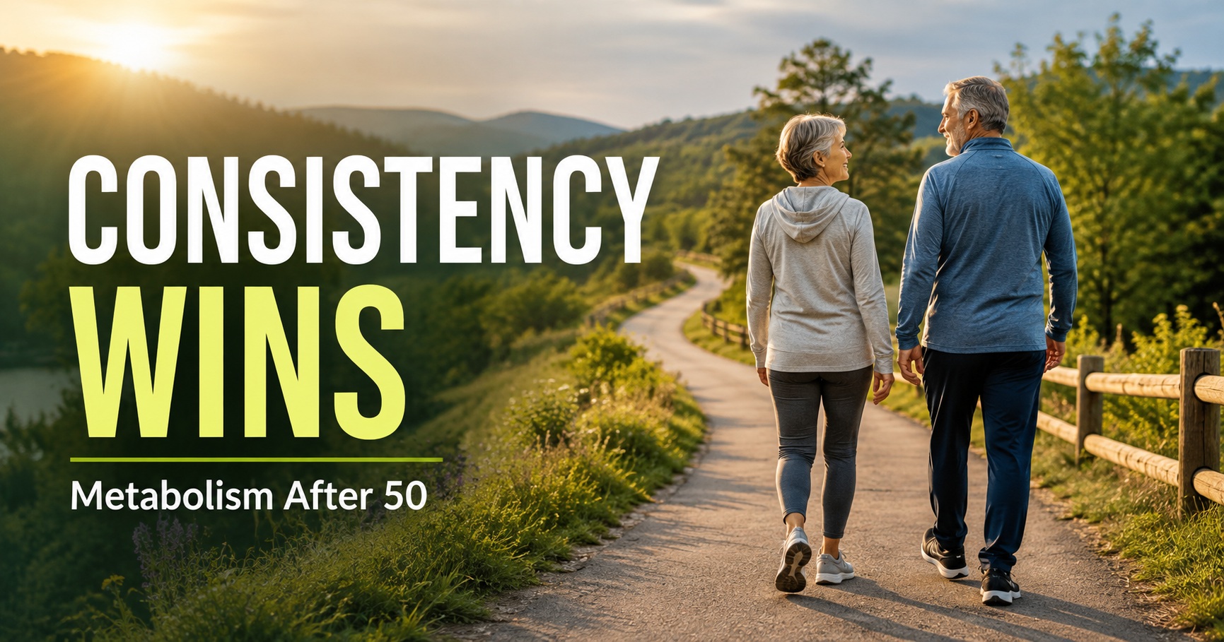 Older couple walking together along a winding countryside path at sunset, illustrating consistency and sustainable habits for supporting metabolism after 50.