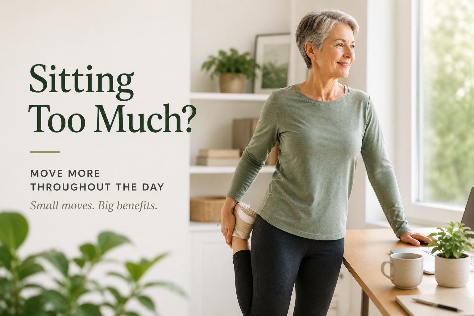 Older woman stretching beside her home office desk, illustrating how breaking up sitting time with regular movement can support metabolic health after 50.