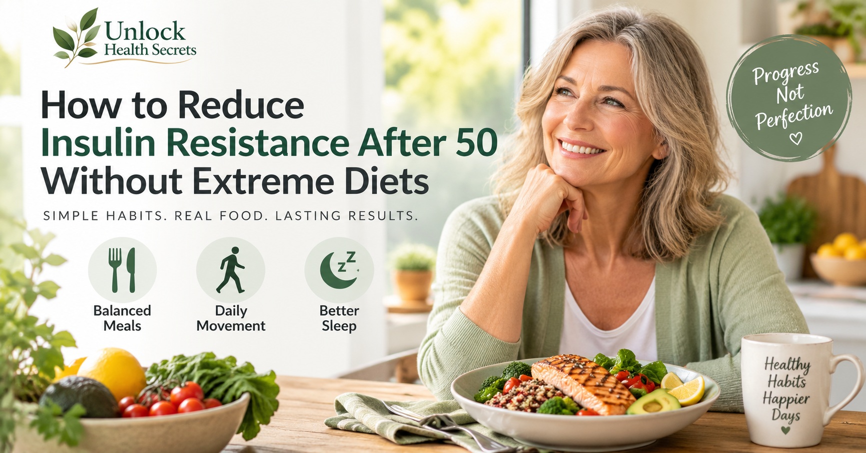 Woman over 50 enjoying a balanced meal as part of a sustainable approach to reducing insulin resistance without extreme diets.